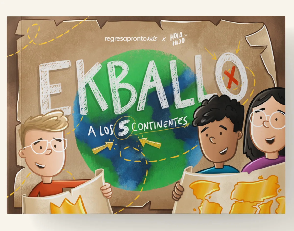 Portada del libro EKBALLO a los 5 continentes: tres niños con mapas frente a un globo terráqueo